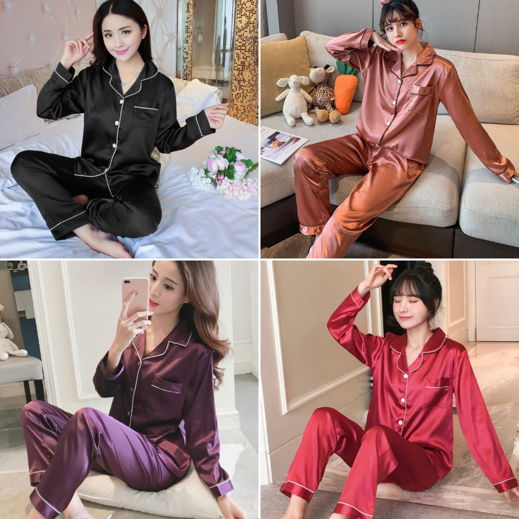 [M-6XL] 40-100kg Plus Size Pajamas Set Long Sleeve Ladies Homewear Lapel Ice Silk
