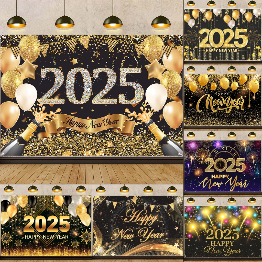 【Hot Sale】1.5*1M Happy New Year Banner 2025 Black Gold Backdrop Glitter Clock Firework Party Decor Backdrop For Birthday Photography Background New Year Decoration 2025