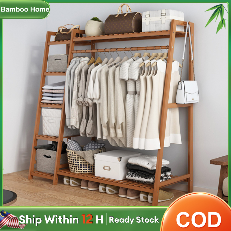 Bamboo Clothes Rack 80-190CM Wood/Brown Rak Gantung Baju Almari Baju Murah Open Wardrobe Clothes Rack