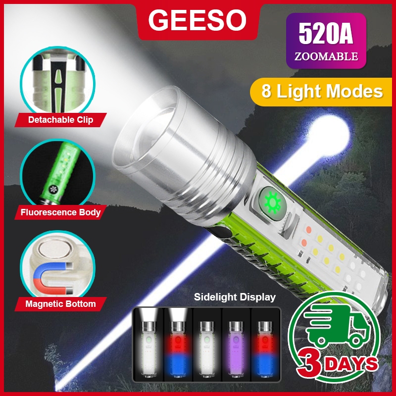 GEESO Zooming Flashlight 520A LED Zoomable Flashlight With Sidelight Super Bright White Red Blue Purple Light Strong Magnets 强光手电筒 变焦手电筒