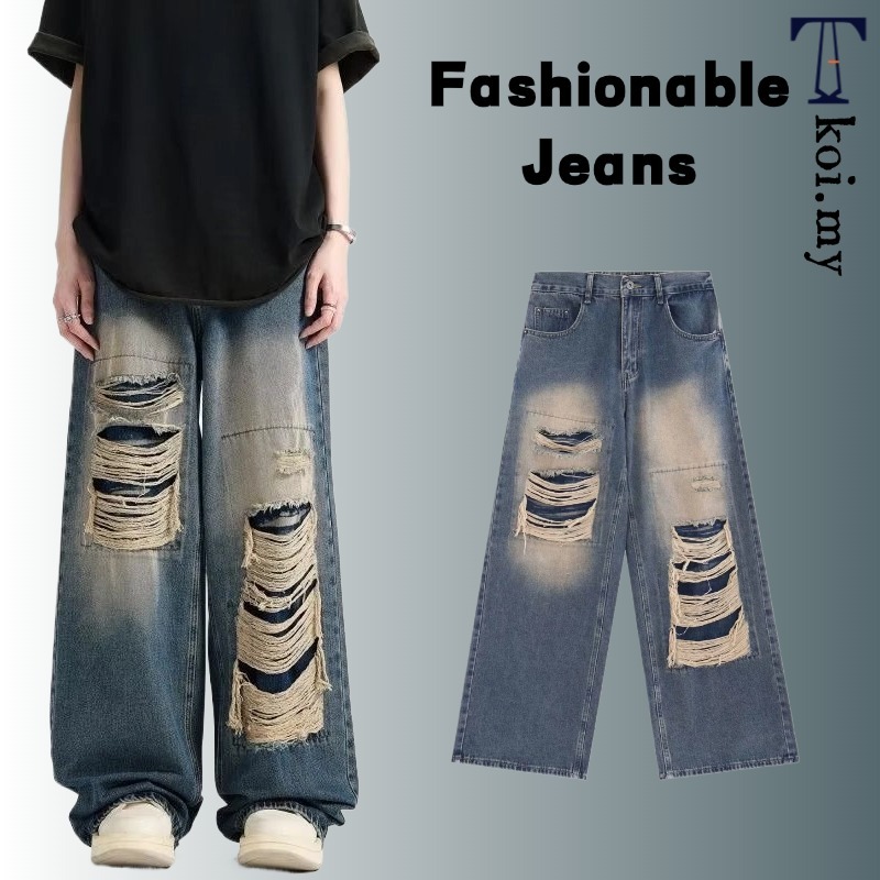 S-3XL American Retro Distressed Straight Leg Jeans For Men And Women Fashionable Street Washed And Distressed Loose Leg Unisex Jeans