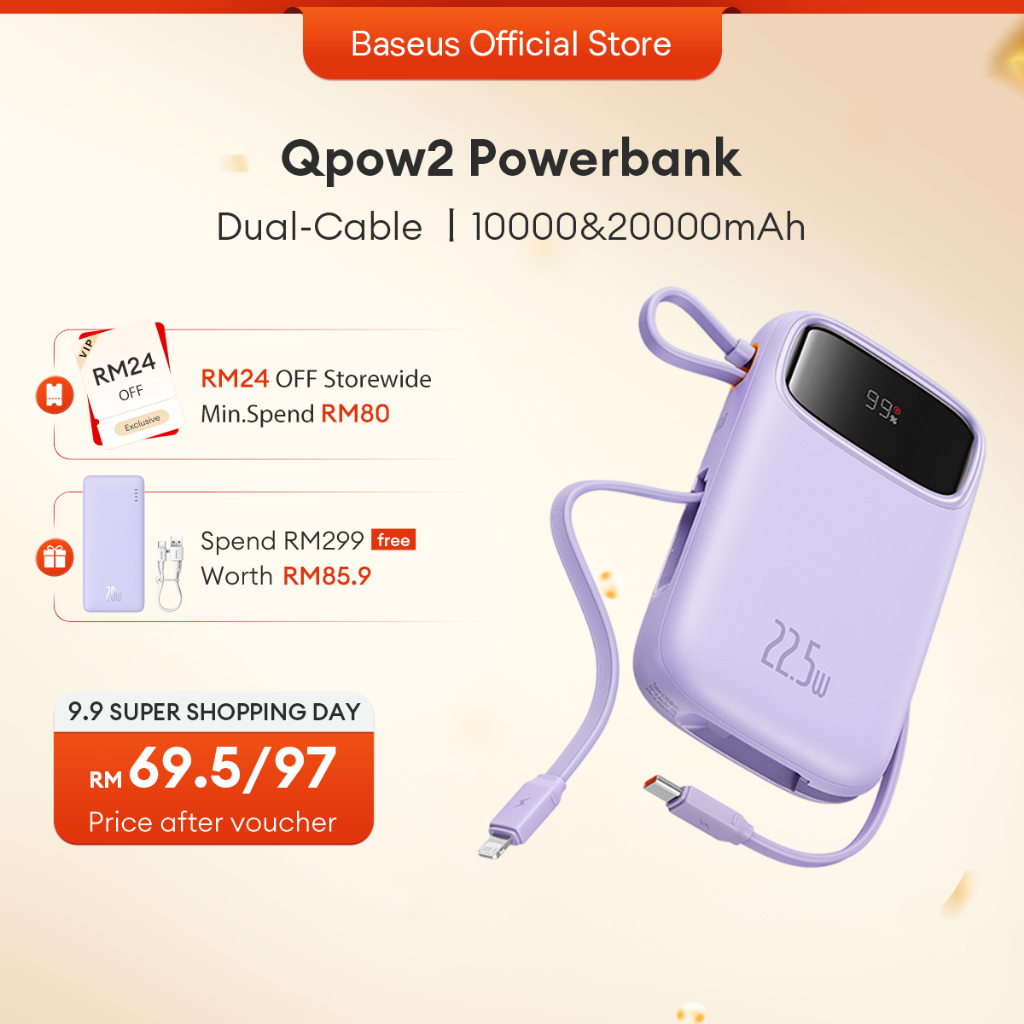 Baseus Power Bank 20000mAh PD 22.5W 20W Fast Charging Powerbank Built in Dual-Cable Portable Charger Digital Display For Phone