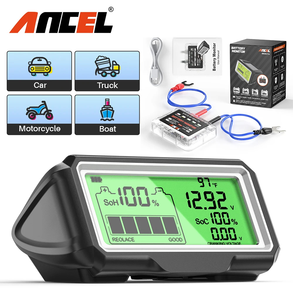 ANCEL BM200 PRO 12V Car Battery Capacity Tester Monitor LED Display Waterproof SOH SOC Battery Health Analyzer Auto Tester Tools