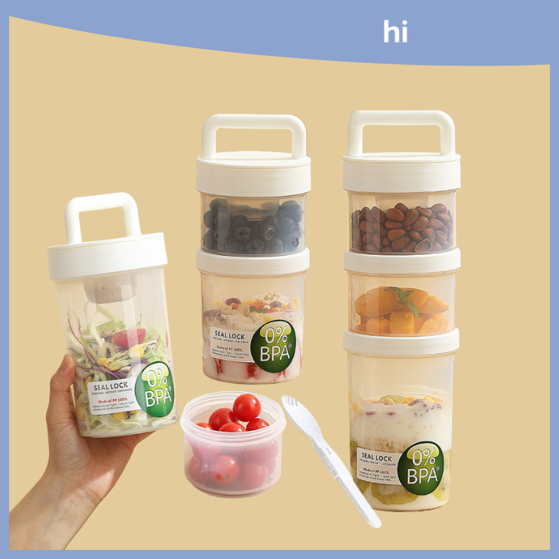 HI HOMES Multi Layered Reducing Salad Cup Portable Fruit Oat Salad Cup Breakfast Cup Student Milk Cup Yogurt Cup Picnic Office Worker Soup Cup With Spoon