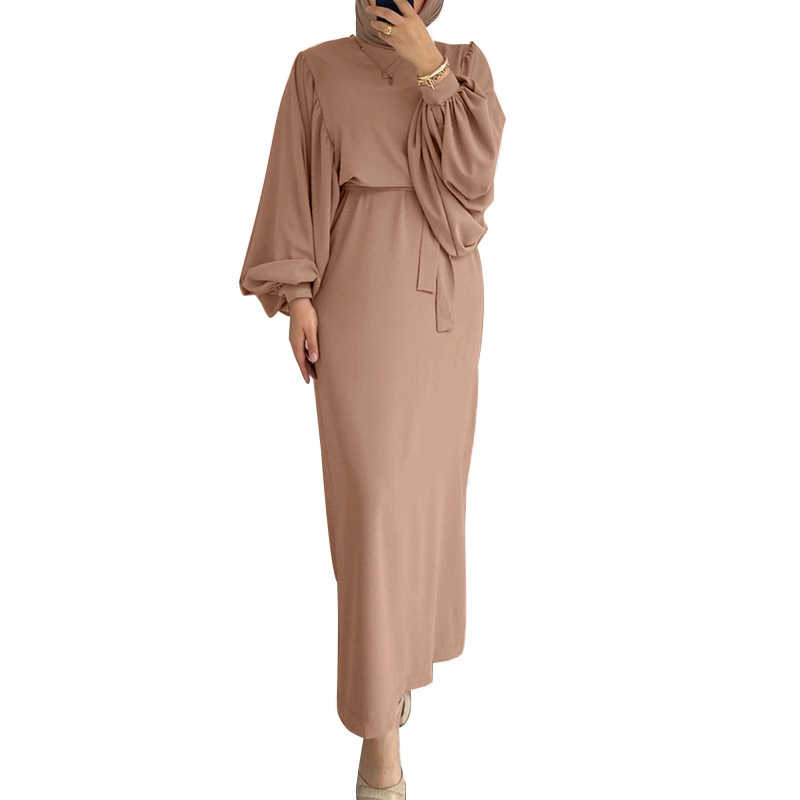 ZANZEA Women Vintage Lace-up Solid Puff Sleeve O Neck Muslim Long Dress