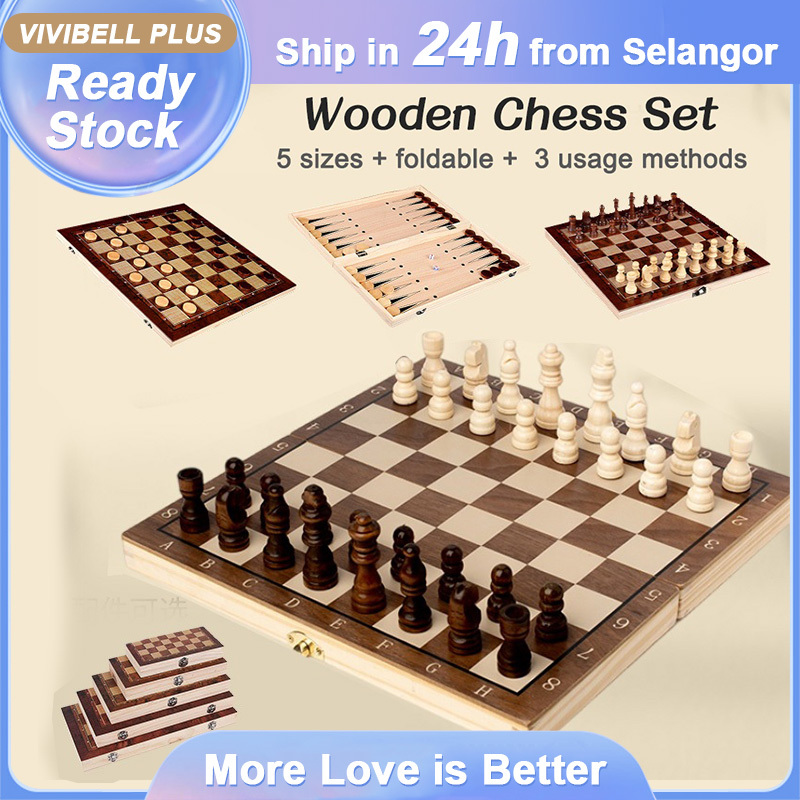 【ship from MY】44 x 44cm Wooden Chess Set Folding Chess Board Game International Chess Set Chessmen Entertainment Game Board Table Game