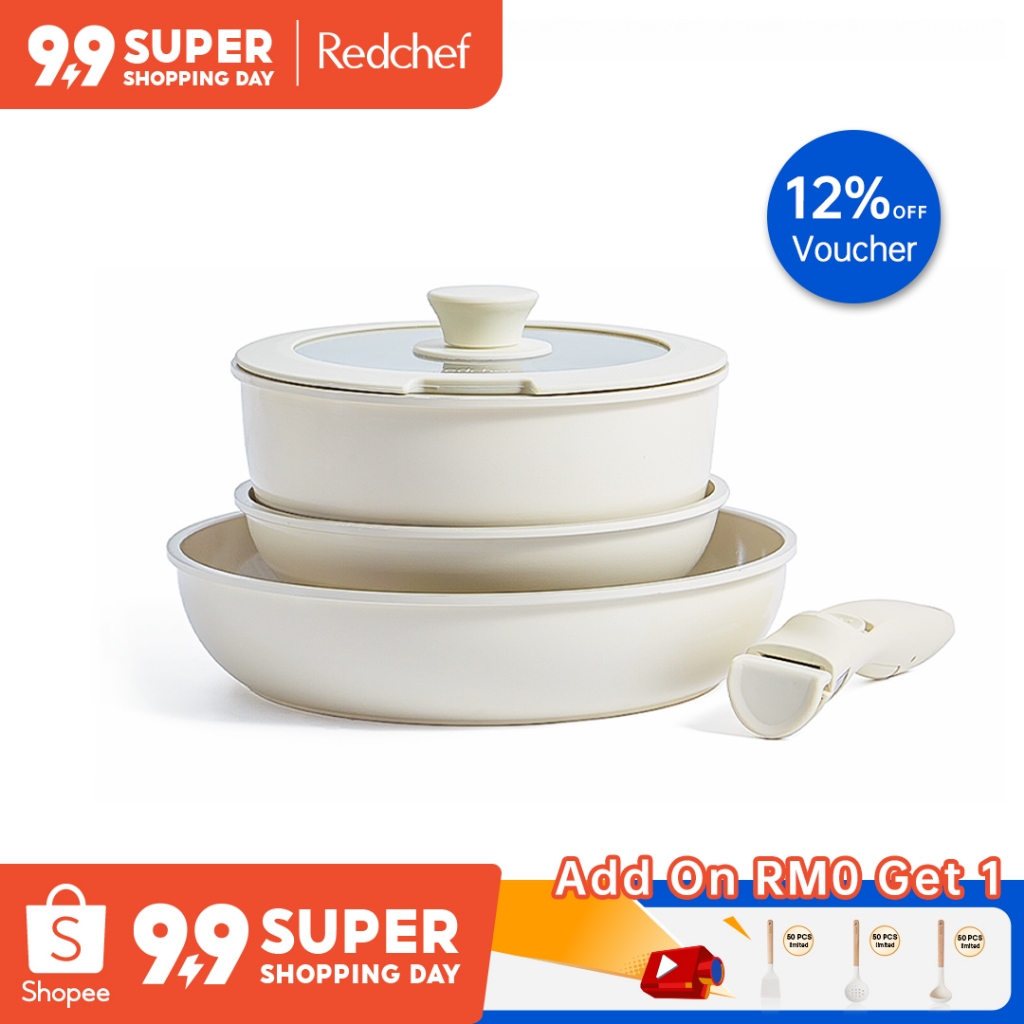 Redchef Nonstick Ceramic Rock Cookware Set Handle Removable (5Pcs) Non Toxic, PFAS& PTFE& PFOA Free - Frying Pan(26+20cm)+Saucepan(20cm) Suitable for All Stoves(Gas, Electric & Induction)