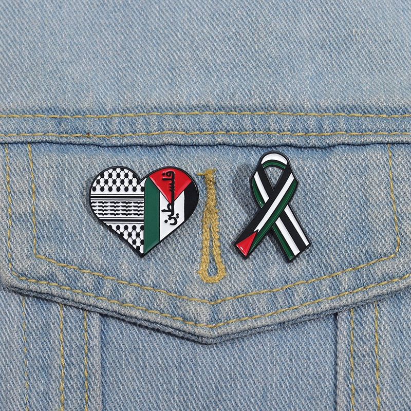 Ribbon Heart Palestine Flag Enamel Pins Love and Peace Brooch Metal Pin Badges Lapel Brooches Jewelry Gift