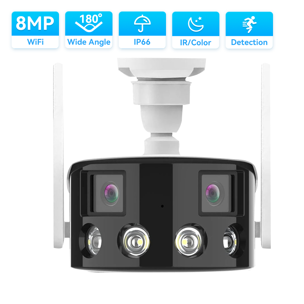 Hamrol 4K 8MP 180 ° Ultra-Wide Angle Dual-Lens Outdoor WIFI Camera Two-Way Voice Personal/Vehicle Detection Security Monitoring Camera CCTV