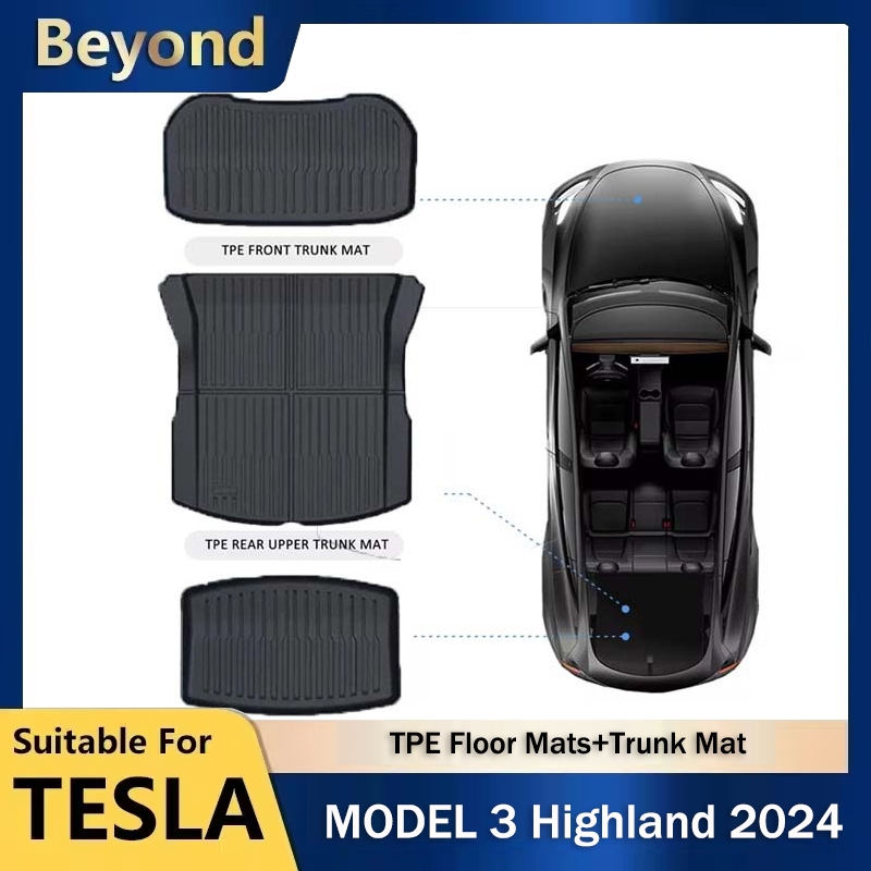 Car Floor Mats For Tesla Model 3 Highland 2024 TPE All Weather Floor Mats 3D Front Boot Liner Rear Cargo Trunk Mat Interior Parts