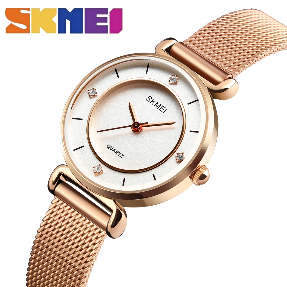 SKMEI Jam Tangan Perempuan Rose Gold Stainless Steel Mesh Band Lady Watch Women Elegant Silver Gold Diamond Style Watches