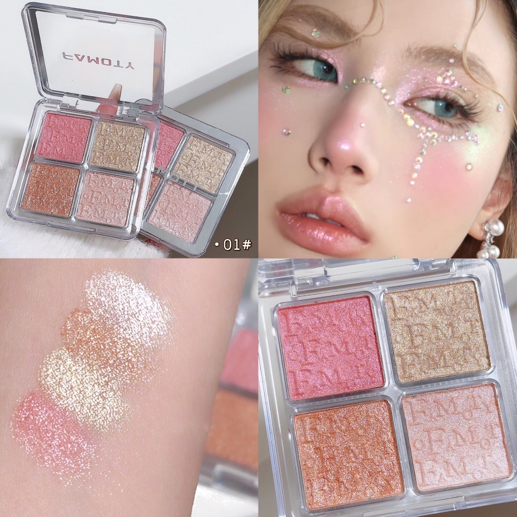 4-Color Face Highlighter Palette, Pearly Glitter Shimmer Smooth Baked Powder, Lasting Sparkling Highlighter Makeup For Music Festival