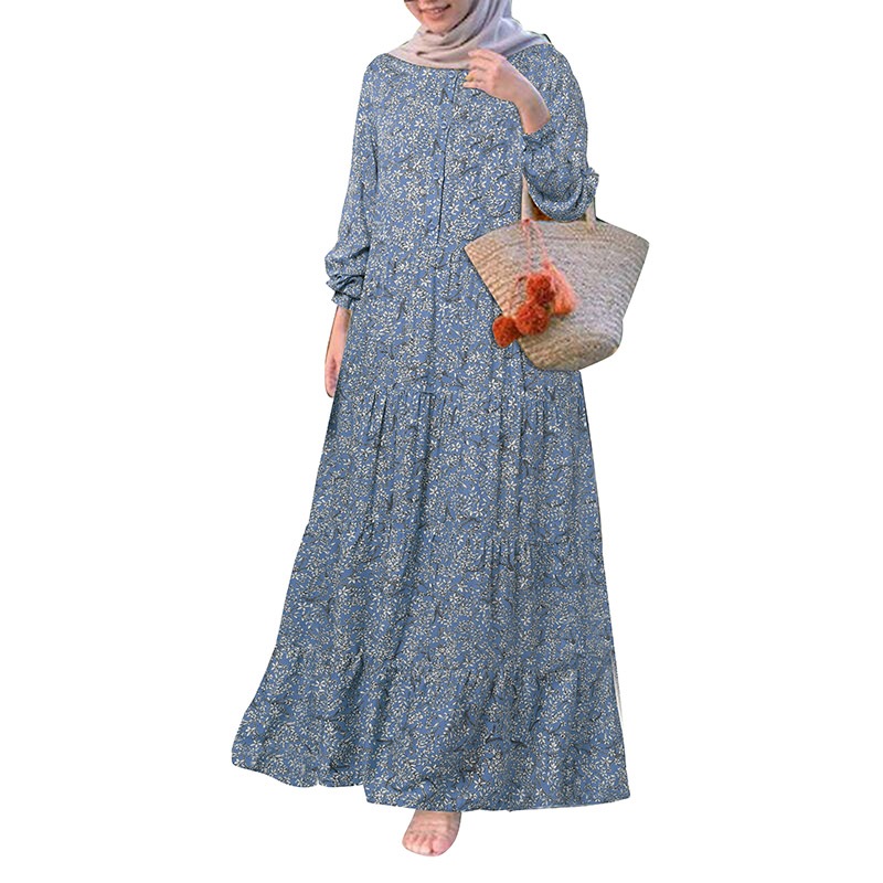 ZANZEA Women Casual Long Sleeve Front Button Printed Tiered Muslim Long Dress