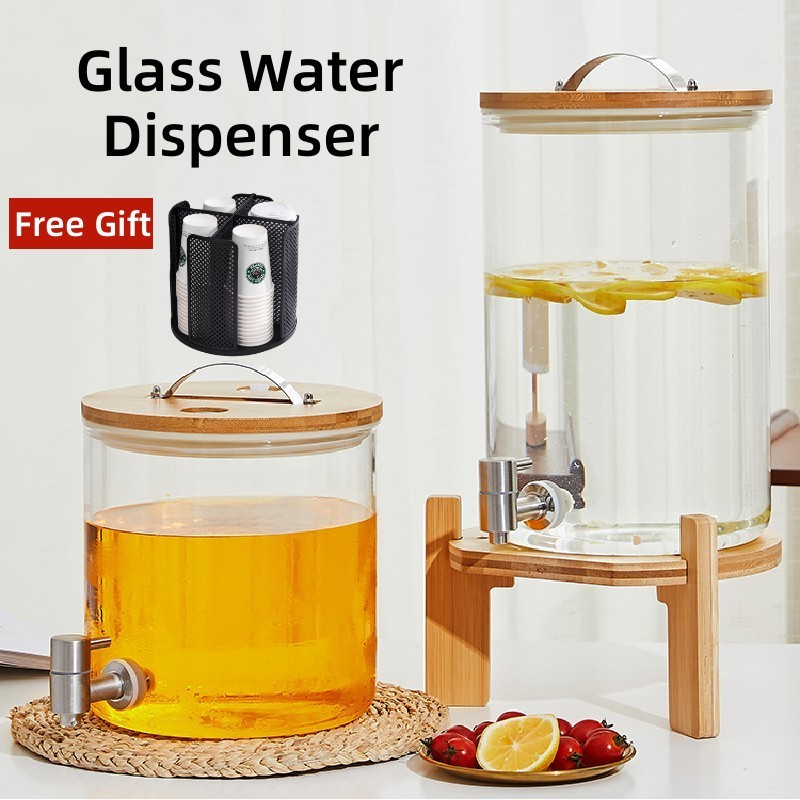 Caroeas Glass Beverage Dispenser with Stainless Steel Spigot Wide Mouth Easy Filling Cold For Outdoor Parties
