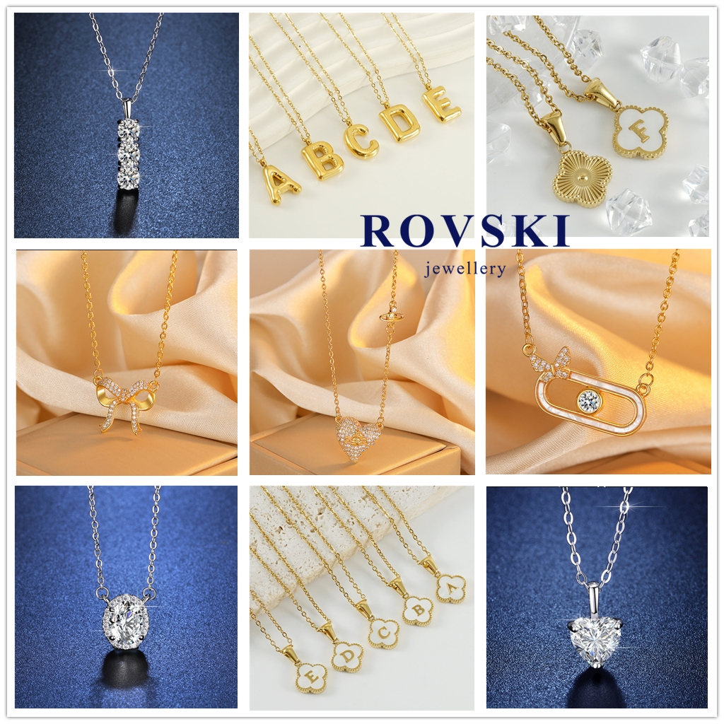 ROVSKI Fashion Korean Ready Stock Jewelry 925 Sterling Silver Loket Batu Permata Six Claw Crown Sun Flower Bow Square Round Four Leaf Clover Love Moissanite Silver Pendant Necklace