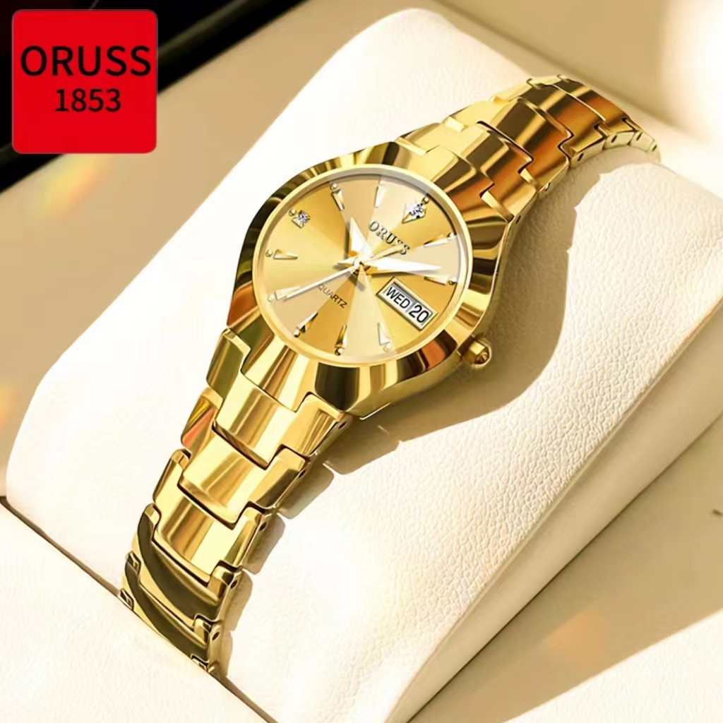 ORUSS Original Women/Men Stainless Steel Luxury Dual Calendar Waterproof Gold Small Watch Analog Fashion Business Korean Automatic Quartz Watch For Women Jam Tangan Perempuan