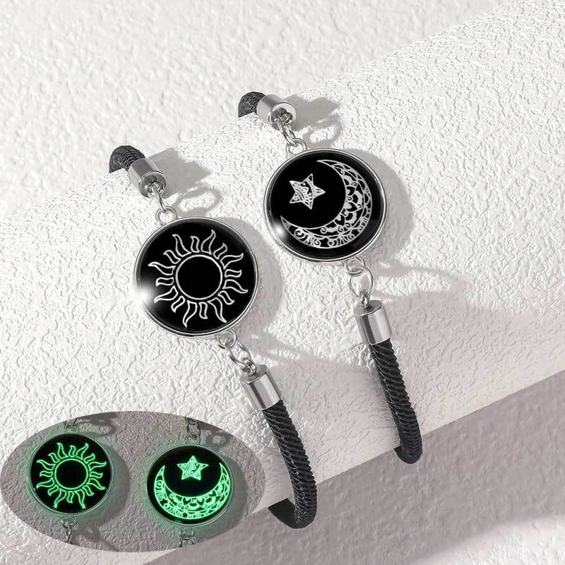 2PCS Stainless Steel Luminous Bracelet Sun Moon Lovers Time Gemstone Luminous Couple Bracelet Handmade Braided Bracelet Adjustable Women Men Jewelry Gift
