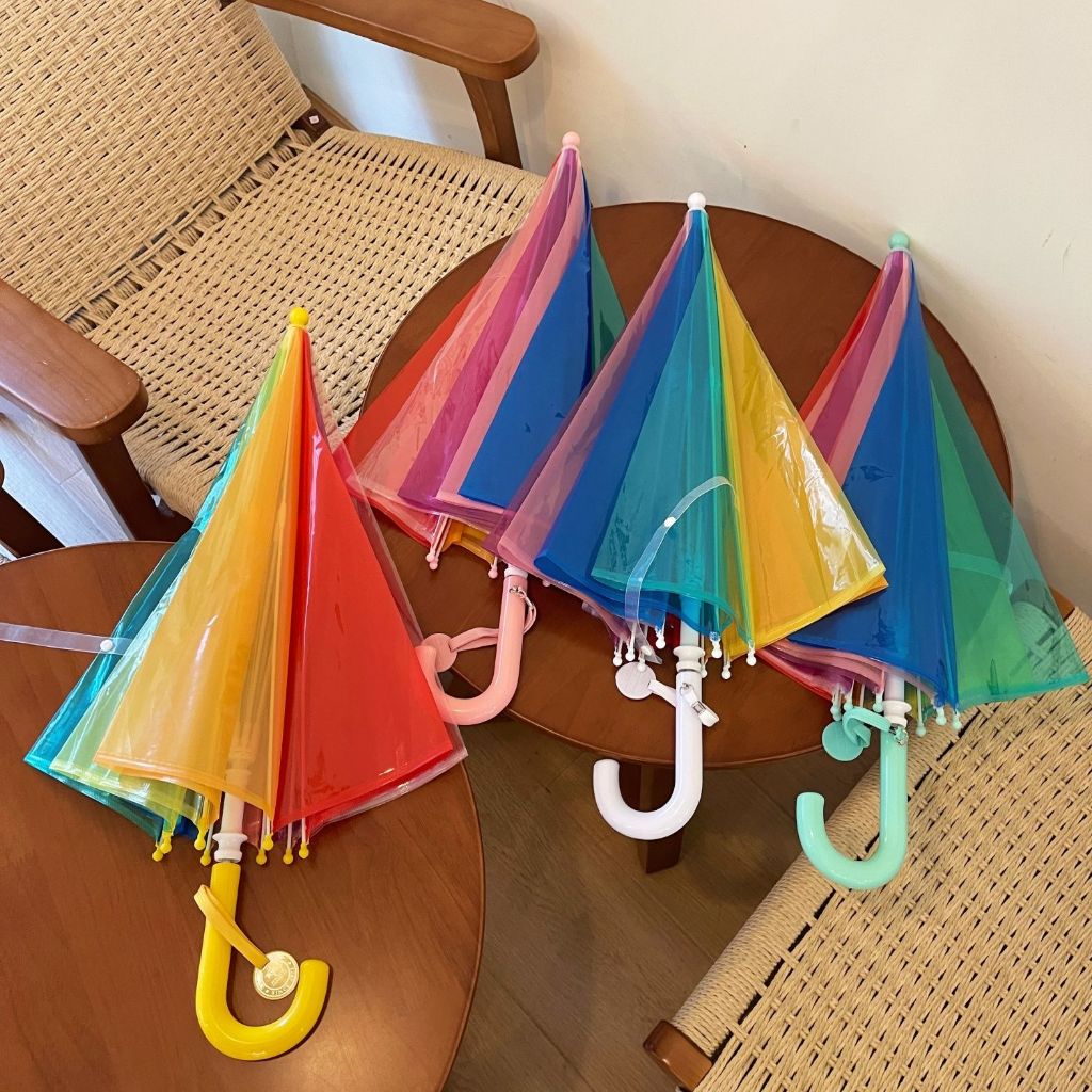 Baby Children Rainbow Umbrella Portable高颜值幼儿园宝宝儿童彩虹透明雨伞长柄加厚便携韩国可爱ins风