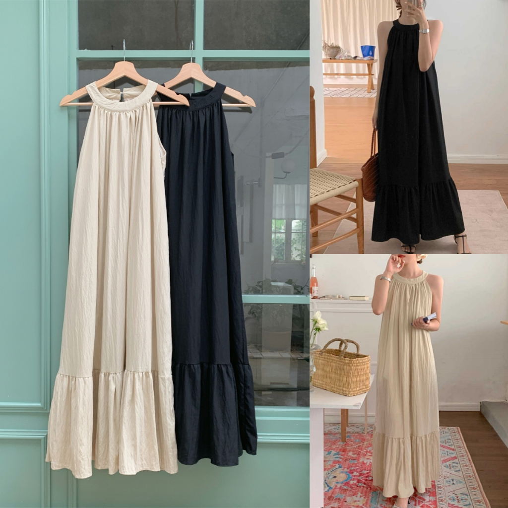 ✨【READY STOCK】Bella Women Korean Style Suspender Long Dress Sleeveless Black Dress Off-Shoulder Summer Casual Clothing