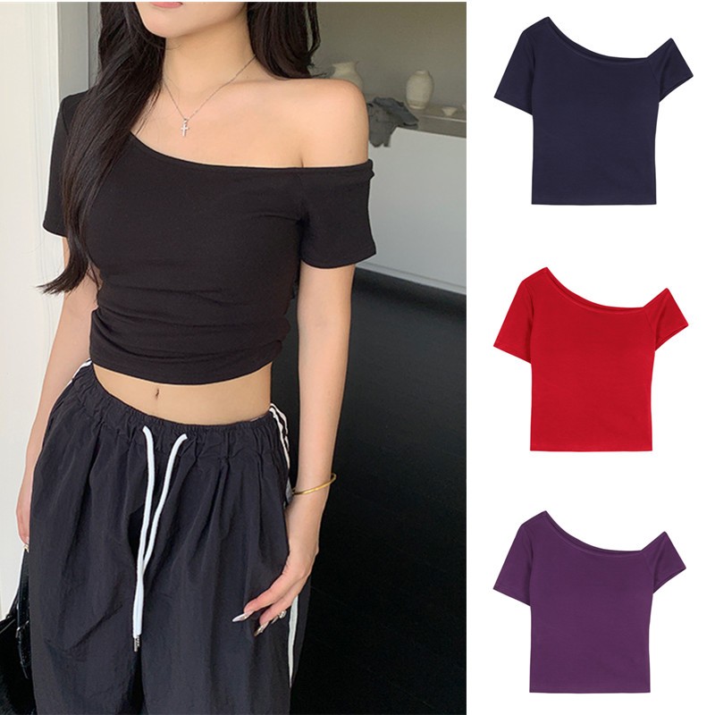 【WJZ】Women's Korean Fashion Solid Color Off-shoulder Design Short Sleeve T-shirt 【T68】