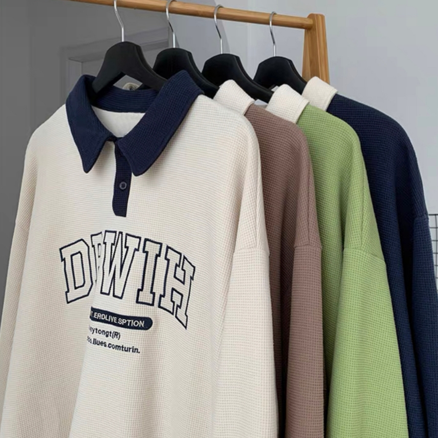 From Perak～BeCoolMAN-lengan panjang lelaki men Waffle Print Long Sleeve polo T-Shirt baju polo lelaki tshirt berkolar Unisex colorblock M-3XL couple navy blue tee男生长袖复古领子华夫格拼色印花T恤