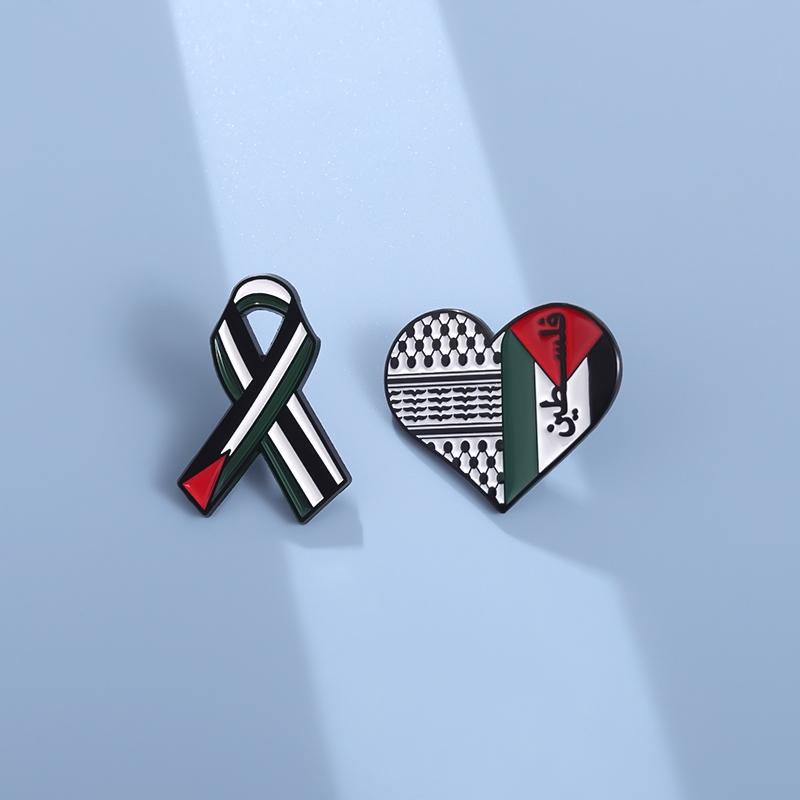 Ribbon Heart Palestine Flag Enamel Pins Love and Peace Brooch Metal Badges Clothing Accessories Jewelry Gift
