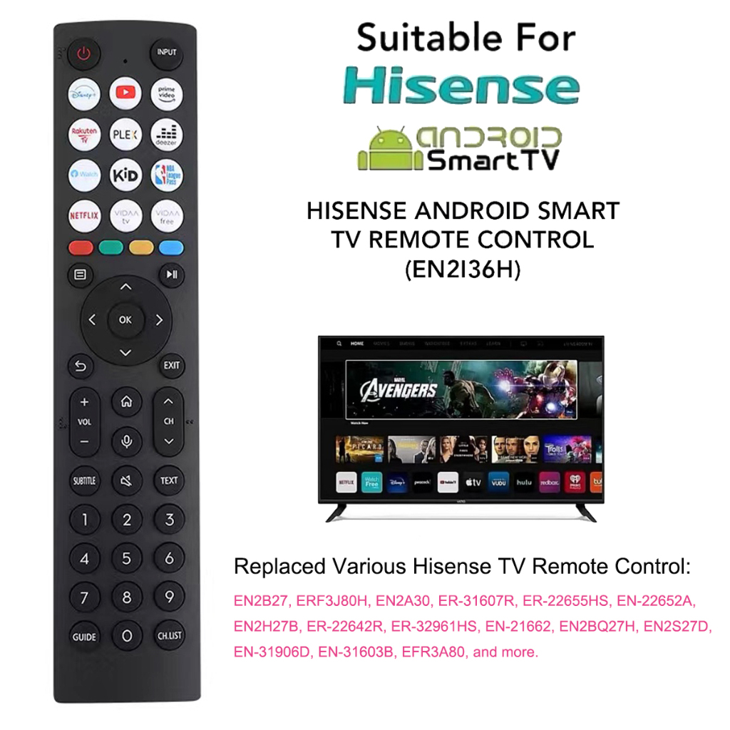 Replacement for hisense android smart tv remote control Compatible with Hisense VIDAA TV 40A4KV 32A4KV 43A4KV - No Setup Needed