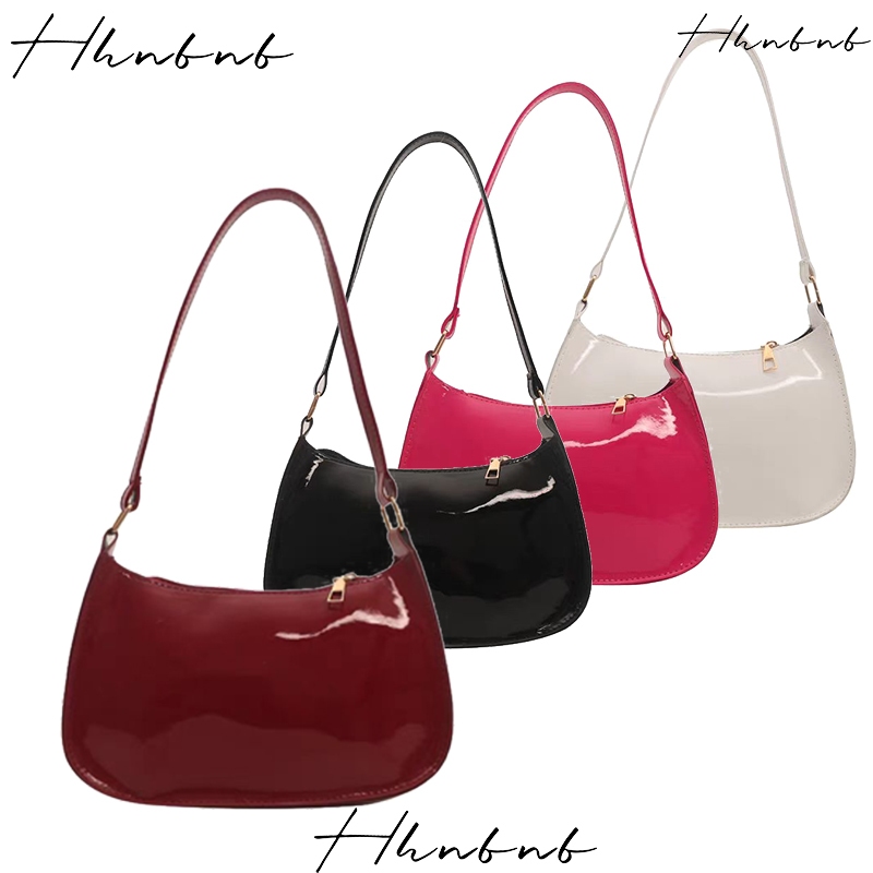 Hhnbnb Fashion Glossy Shoulder Bag Women Patent Leather Handbag Simple Solid Color Small Square Bag PU Leather Underarm Wallet