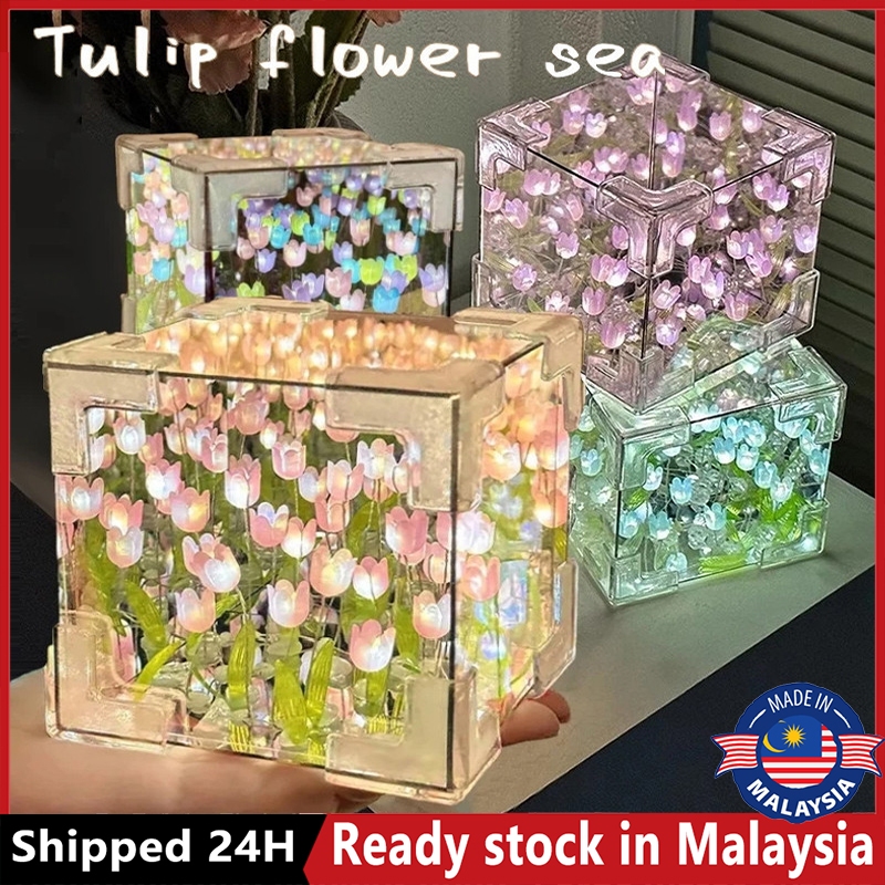 (Local Shipment) DIY Tulip Mirror Cube Lamp Simulation Flower Night Light Bedroom Sleeping Table Lamp Handmade Craft Decorate Ambient Lighting Suitable Starry Sky Light