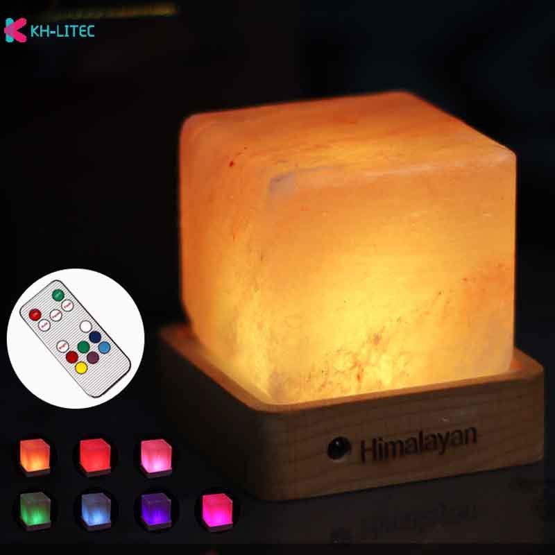 KHLITEC Square USB Himalayan Warm RGB Salt Lamp Natural Crystal Hand Carved Night Light Home Decor Air Purifying with Plug Release negative ions