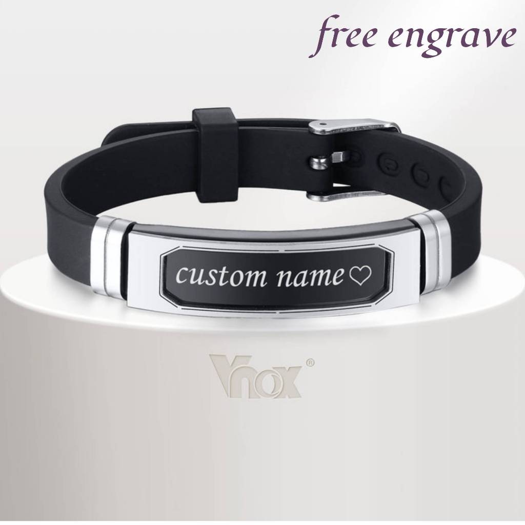 Vnox Men Personalized Engraving Names Bracelet Stainless Steel Bangle Simple Gift Jewelry