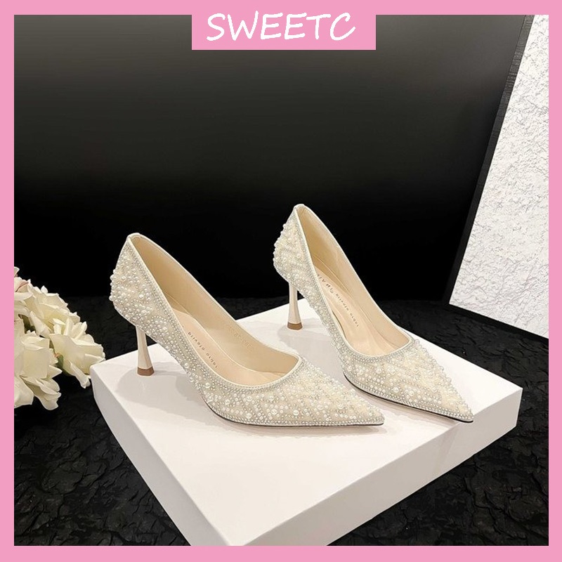 SWEETC Kasut raya perempuan Raya Heels for Women Fashion Pointed Pearl Rhinestone White Stiletto High Heels Bride Bridesmaid Wedding Shoes