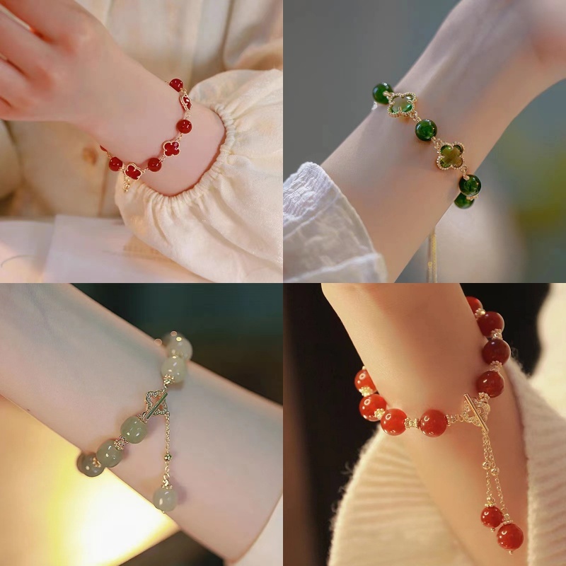 Fashion Fairy Clover Bracelet Lucky Flower Beaded Bracelets For Women Jewelry Gifts Red Green Korea 18k Gold Plated