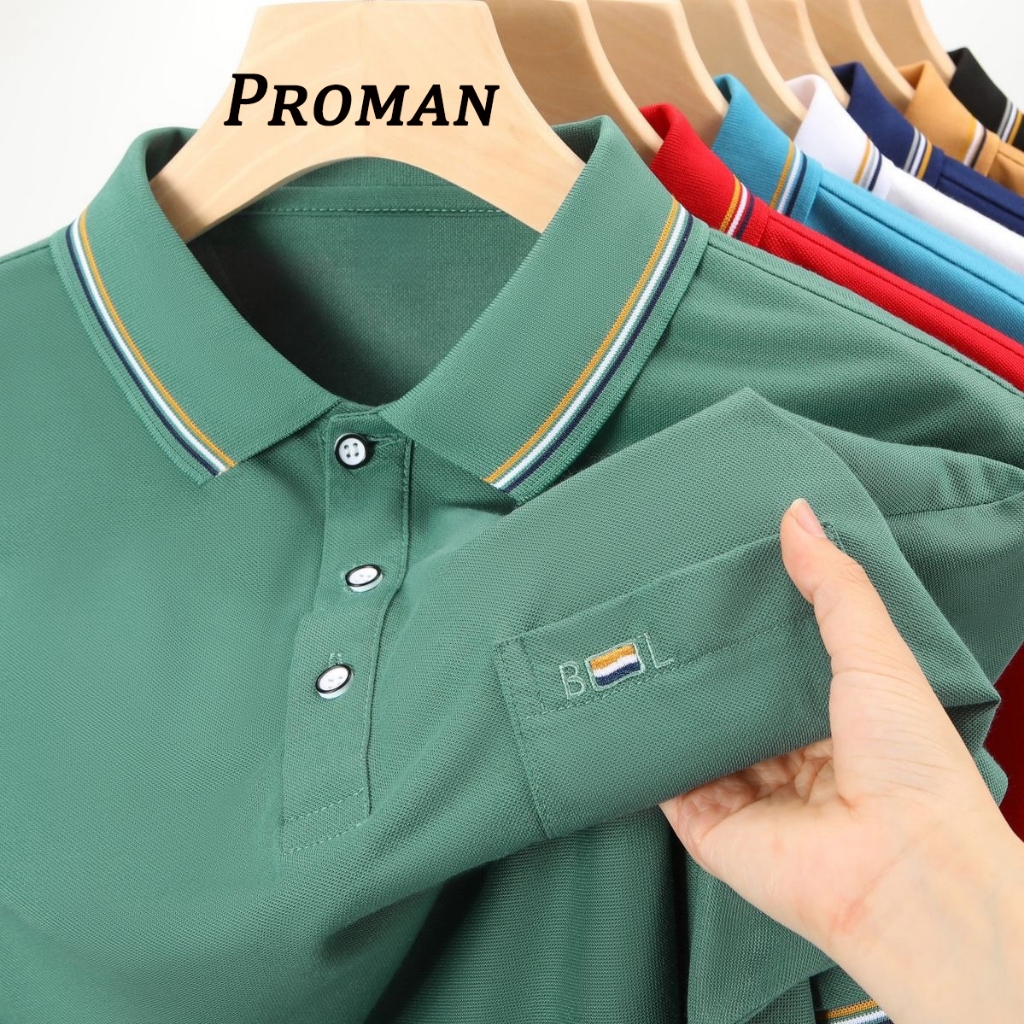 【From Perak】ProMan baju polo lelaki Men's Shirt Business Multicolor Stitching Pocket Casual Lapel Top Summer green and blue Short Sleeve t shirt M-3XL男士简约拼色带口袋翻领商务风polo衫短袖