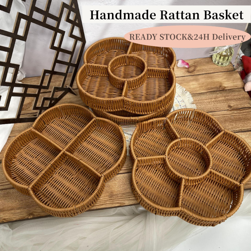 【READY STOCK&24H Delivery】Nordic Rattan Basket Multi-grid Tea Table Fruit Plate Hand-Woven Storage Basket Fruit Tray Table Decor