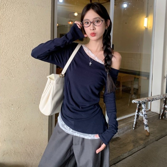 【WJZ】Women's Korean Fashion Sexy Lace Stitching Off-shoulder Design Long Sleeve T-shirt【6957】