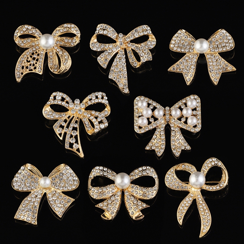 Bow Brooch Korean Style High-Grade Alloy Bow Hollow Pearl Diamond Brooch All-Match Clothing Headscarf Accessories Fixing Buckle