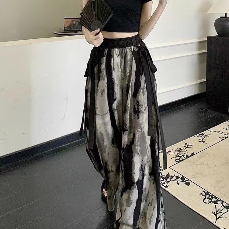 冰雪丝新国风水墨画阔腿裤Seluar panjang perempuan palazo women pants celana casual kaki lebar fashion gaya klasik yang elegan 休闲飘带垂感直筒拖地裤子BBT
