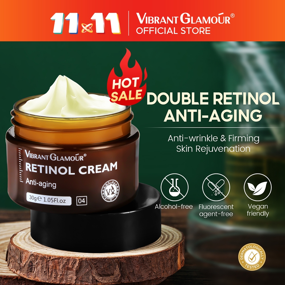 VIBRANT GLAMOUR Natural Retinol Face Cream Anti Aging Deeply Activate Collagen Whitening Reduce Wrinkles Fade Freckles Dark Spots Brightening Firming Lifting Skin Care 30g