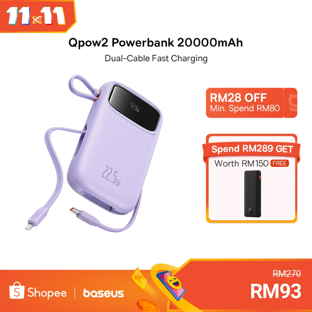 Baseus Power Bank 20000mAh PD 22.5W 20W Fast Charging Powerbank Built in Dual-Cable Portable Charger Digital Display For Phone