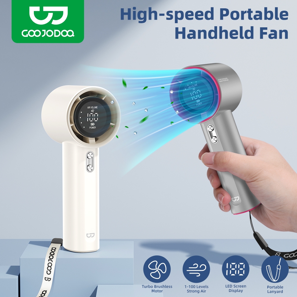 Goojodoq Portable Fan Rechargeable Handheld Jet Fan Strong Wind 100 Gear Wind Speed Digital Display Adjustable Turbo Fan