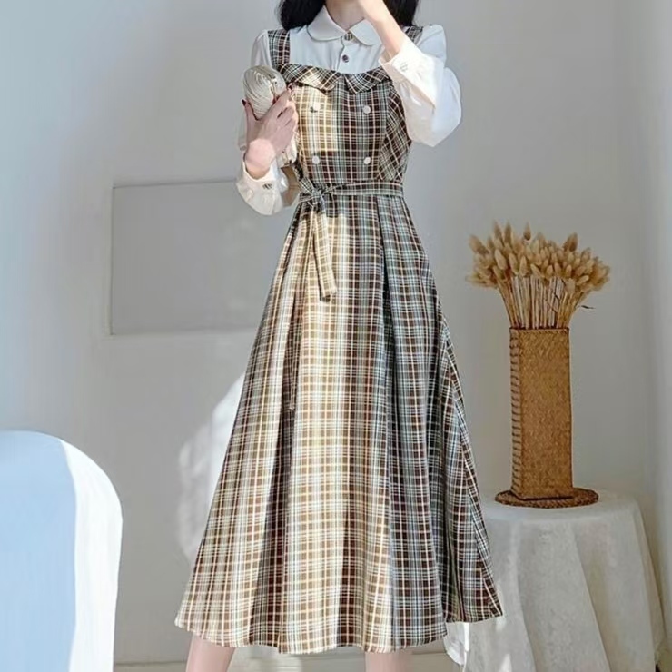 ?Vintage Retro Stitching Fake Two-Piece Long Sleeve Plaid Long Dress for Women 复古格子长袖连衣裙气质假两件格子连衣裙