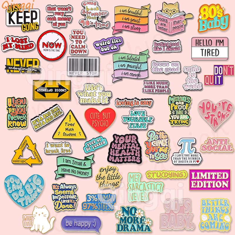 50 Styles Funny Quotes Banner I Am Beautiful Enamel Pins Colorful Text Quotes Badges Brooch Lapel Pin Inspiring Jewelry for Backpack Clothes Gift