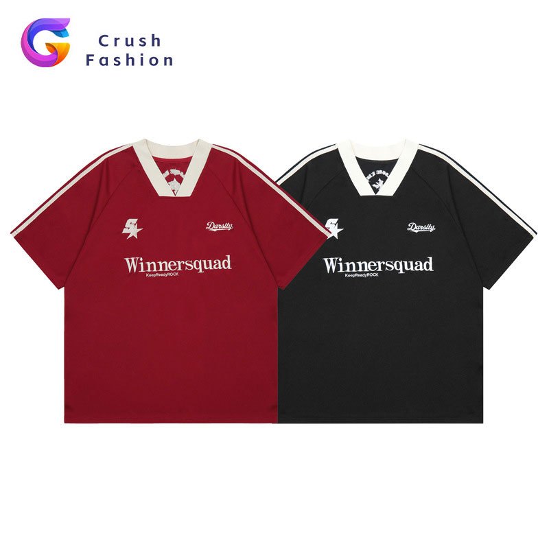 Crush Fashion American Vintage Embroidery Loose Short Sleeve Polo for Men Racing Suits Streetwear Polo Shirt Unisex Outfit Oversized Polyester Soft Fabric Casual Retro Summer Top