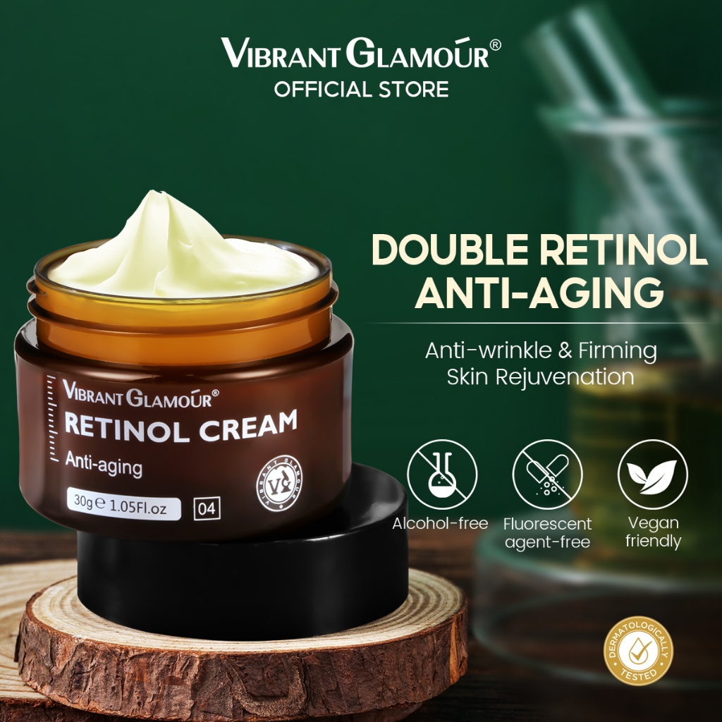 VIBRANT GLAMOUR Natural Retinol Face Cream Anti Aging Deeply Activate Collagen Whitening Reduce Wrinkles Fade Freckles Dark Spots Brightening Firming Lifting Skin Care 30g