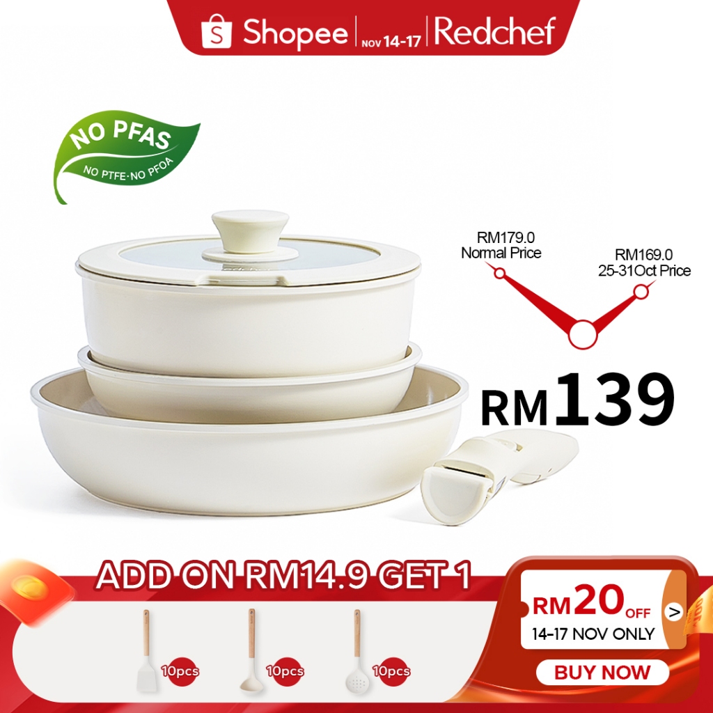 Redchef Nonstick Ceramic Rock Cookware Set Handle Removable (5Pcs) Non Toxic, PFAS& PTFE& PFOA Free - Frying Pan(26+20cm)+Saucepan(20cm) Suitable for All Stoves(Gas, Electric & Induction)