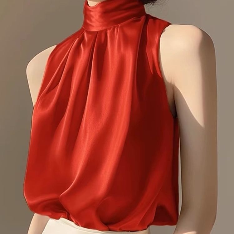 French Style High End Satin Shirt Women Red CNY Shirt Sexy Halter Neck Sleeveless Top Solid Color Blouse New Year Clothes 2025 Spring Festival Outfit
