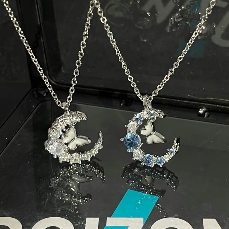Kroean 925 Sliver Rhinestone Moon Butterfly Pearl Cross Rhinestone Long Tassel Charm Pendant Choker Necklace Women Jewelry Gift