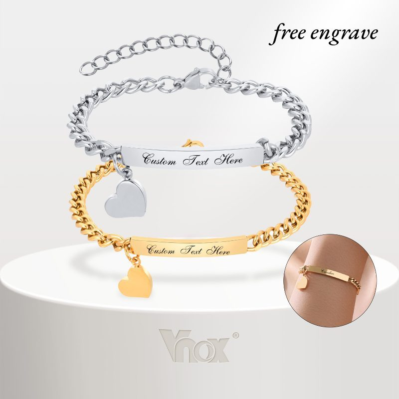 Vnox Women Gold Heart Personalized Engraved Bracelet for Baby Women Low Allergy Jewelry Gifts