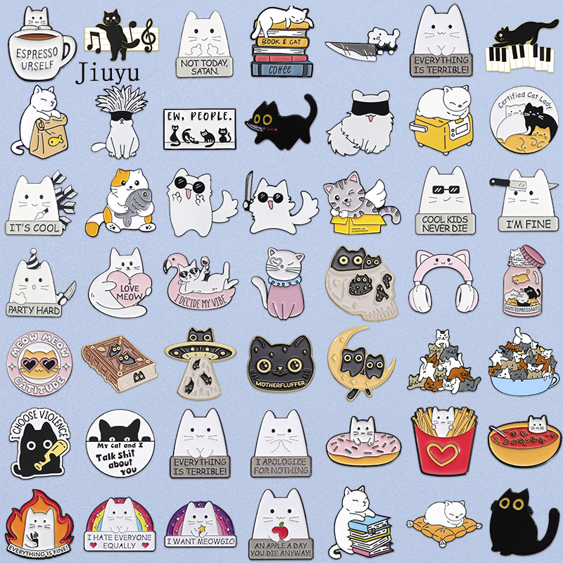 50 Styles Cute White Cats Enamel Pins Dried Fish Backpack Brooch Cartoon Animal Badges Denim Lapel Pin Jewelry Gift for Kids Best Friends